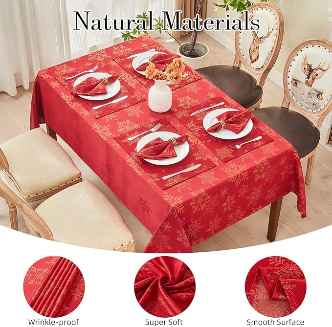 Rectangle Fancy Metallic Sparkling Snowflake Christmas Fabric Table Cloth red Hunter Gold Navy White Silver No-Iron Soil Resistant Woven Holiday Table Cover(Red Gold/60x120Inch)