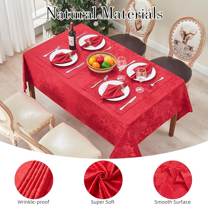 Rectangle Christmas Jacquard Table Cloth Waterproof Elegant Damask Floral Pattern Heavy Weight Wipeable Wrinkle Free Fabric Table Covers for Dinner or Daily Uses(Dark Red/60x144 Inch)