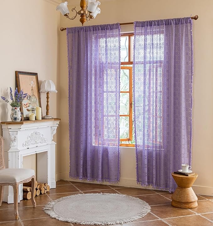 Lavender Sheer Curtains 63 Inch Length for Bedroom Girls 2 Panels Boho Crochet Curtains with Tassel Rod Pocket Floral Light Purple Lace Curtain Panels for Kitchen Closet Fairycore W59 x L63 Lilac
