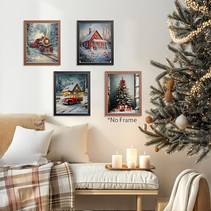 AEHIE Vintage Winter Xmas Tree Wall Art Poster Prints for Home Living Room, Vintage Xmas Holiday Poster Prints, moody christmas Pictures with Winter Snowy Forest Scene Wall Art Unframed 4pcs 8x10inch