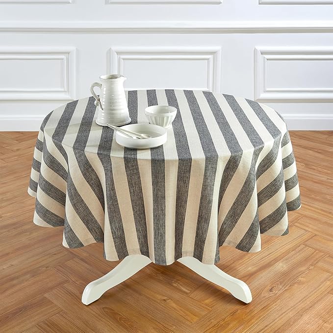 Solino Home Linen Round Tablecloth 70 Inch - Cabana Stripe, 100% Pure Linen Black and Natural Round Tablecloth - Machine Washable Table Cloth for Fall, Autumn, Thanksgiving