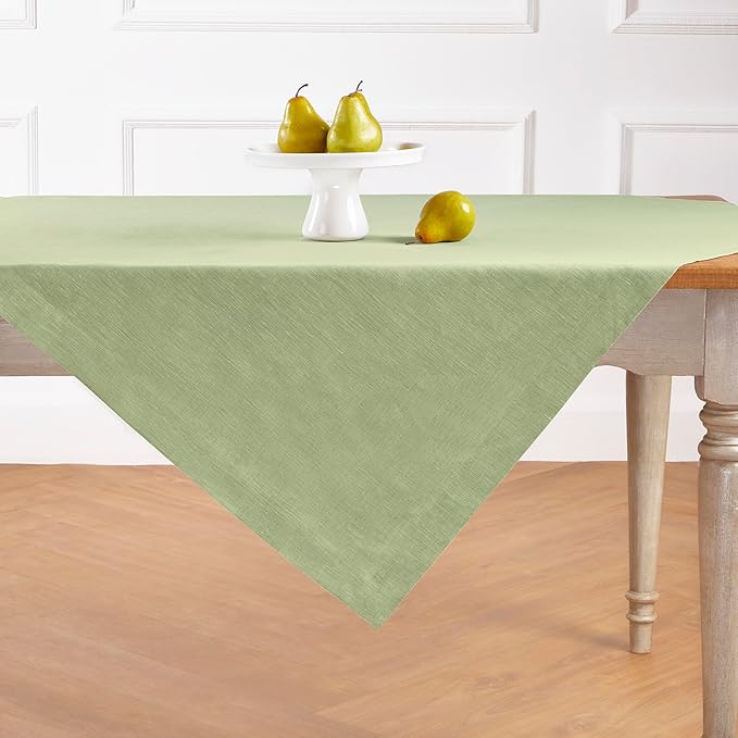 Solino Home Linen Cloth Tablecloth 52 x 52 Inch - 100% Pure Linen Chambray Olive Square Tablecloth - Athena, Machine Washable Table Throw for Fall, Autumn, Thanksgiving