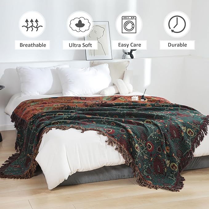 Boho Throw Blanket for Bed 100% Cotton Ultra Soft Rustic Quilt Farmhouse Decor Bed Fall Blanket,All Season Rustic Throw for Sofa Couch Chair (Flower-Dark Green, 60"×80")