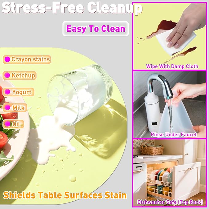 Oval Silicone Placemat Set of 4,Heat Resistant Placemats, Silicone Table Mats,Non-Slip Dining Mat for Home,Waterproof Easy Clean Kids Placemats,17"x12" LSR Translucent (4Pcs, Yellow)