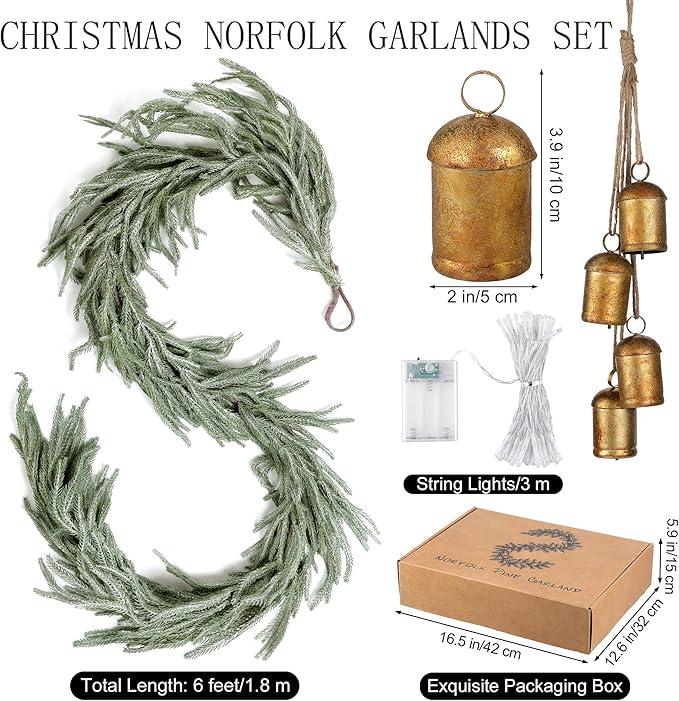 Fovths 1 Pack 6 Feet Christmas Norfolk Garlands Set Artificial Faux Greenery Garland 4 Cow Bell with Jute Hanging Rope Light String Winter Pine Garland for Xmas Indoor Holiday Decor, Green+White