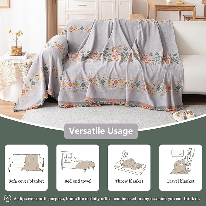 DREAMINGO Chenille Boho Couch Cover 71x118, Grey Sofa Covers for 2 Cushion Couch, Geometric Jacquard Furniture Protector for Living Room, Washable Sofa Slipcovers for Sectional