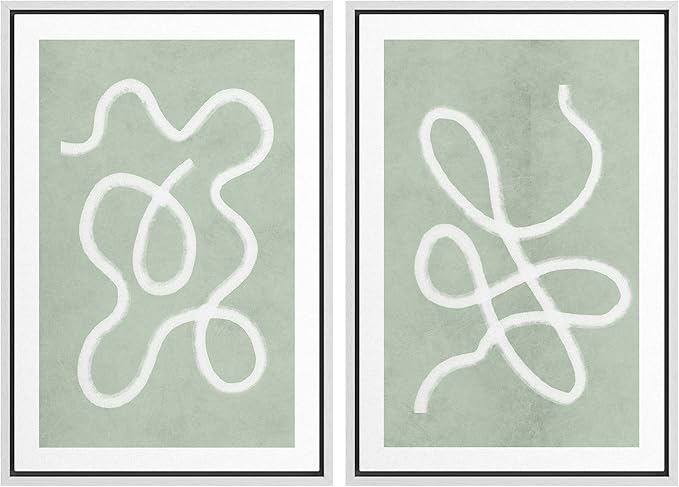 SIGNWIN Framed Wall Art Print Set White Line Over Contrasting Green Background Abstract Swirly Digital Art Modern Art Mid-Century Modern Expressive for Living Room, Bedroom, Office - 24"x36"x2 White
