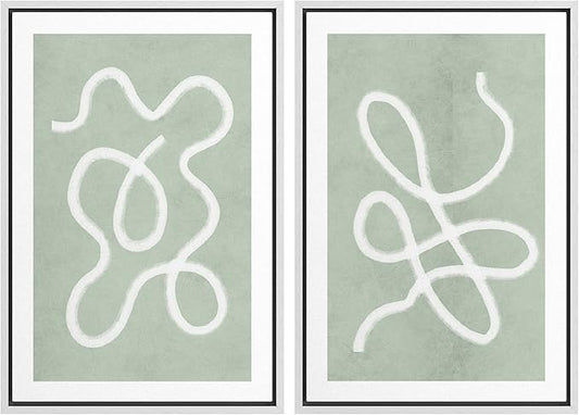 SIGNWIN Framed Wall Art Print Set White Line Over Contrasting Green Background Abstract Swirly Digital Art Modern Art Mid-Century Modern Expressive for Living Room, Bedroom, Office - 24"x36"x2 White