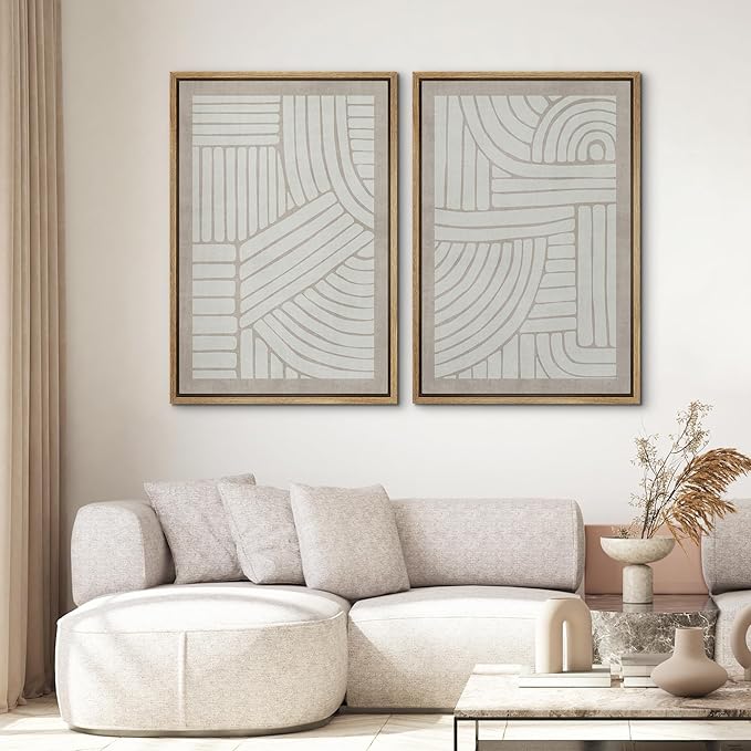 SIGNWIN Framed Canvas Print Wall Art Set Grunge Tribal Pattern Landscape Abstract Shapes Cozy Neutral Minimal Decorative Nordic Zen Bohemian for Living Room, Bedroom, Office - 24"x36"x2 Natural
