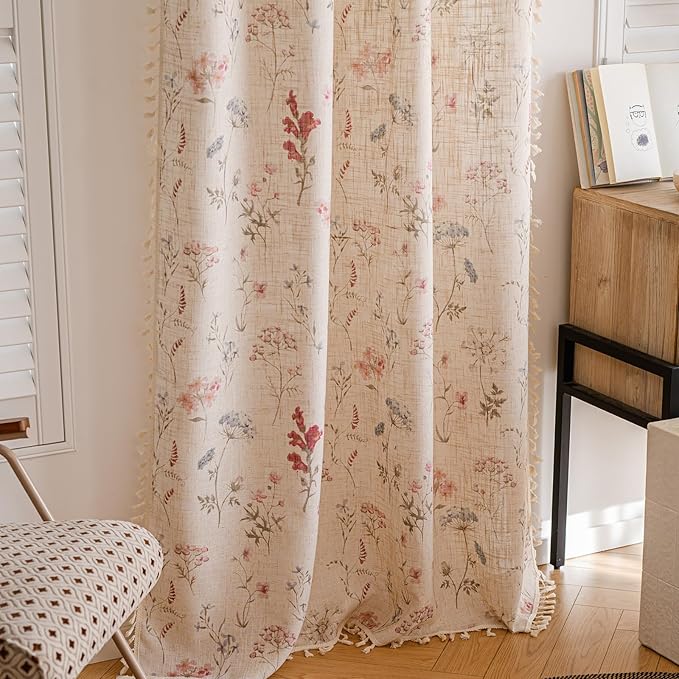 OYX Floral Curtains 2 Panels 52x63 Inches, Boho Tassel Semi-Sheer Light Filtering, Rod Pocket Farmhouse Window Drapes for Bedroom Living Room Dining Room, Bohemian Aesthetic Decor