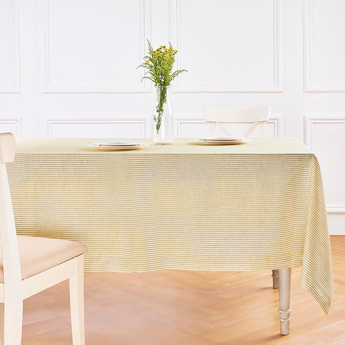 Solino Home Linen Tablecloth 60 x 108 Inch - Narrow Stripe 100% Pure Linen Spicy Mustard and White Table Cloth for Rectangle Tables - Machine Washable Tablecloth