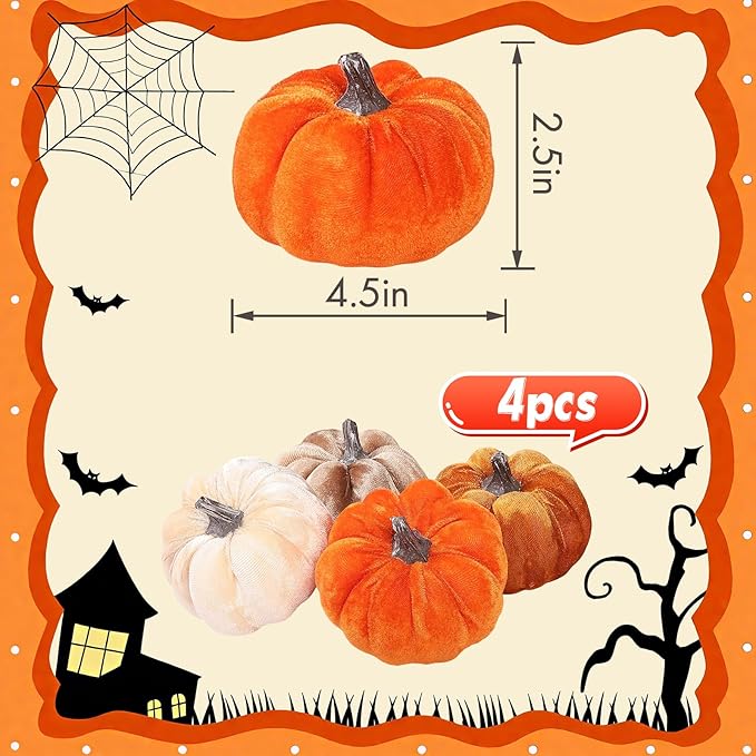4pcs Velvet Fake Pumpkins Fall Harvest Fabric Foam Pumpkin Thanksgiving Halloween Decor for Table Centerpiece Wedding Farmhouse (4, Orange Gold Coffee Beige, S)