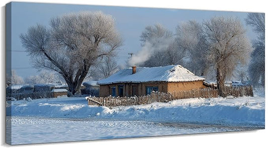 GUTTATY Christmas Winter Scene Canvas Wall Art, Cozy Snow-Covered House Canvas Prints, Peaceful Rural Snow Scene Wall Decor, Winter Pictures Posters for Living Room, Holiday Gift, 40x20 Inch
