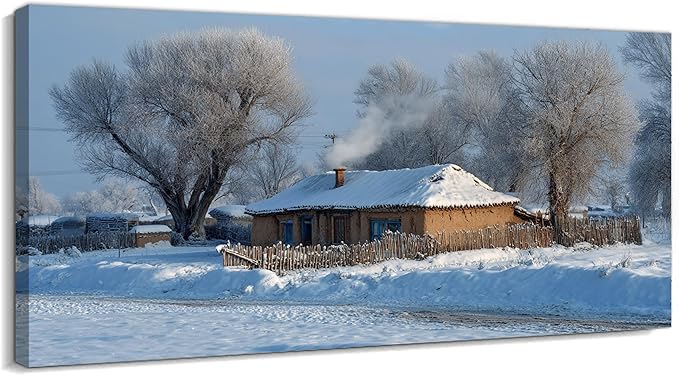 GUTTATY Christmas Winter Scene Canvas Wall Art, Cozy Snow-Covered House Canvas Prints, Peaceful Rural Snow Scene Wall Decor, Winter Pictures Posters for Living Room, Holiday Gift, 16x8 Inch