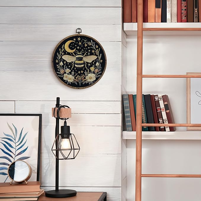 KFXHANGD Celestial Bee Floral Round Wall Art Framed, Gothic Bee Moon Canvas Wall Art Decor, Witchy Bumble Bee Botanical Hanging Decor for Bedroom Living Room, 10x10inch