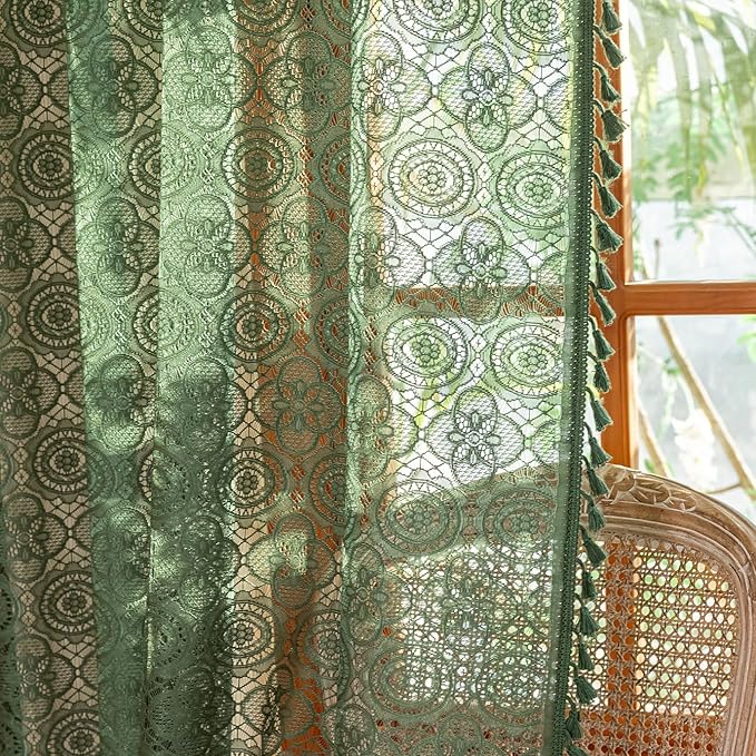 Green Crochet Curtain 72 Inches Long Vintage Boho Sheer Lace Curtains with Tassels Rod Rustic Farmhouse Drapes for Living Bedroom Office Bohemian Neutral Aesthetic Décor 59" W x 72" L, Dark Green