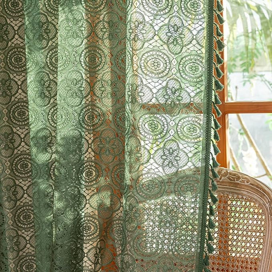 Green Crochet Curtain 72 Inches Long Vintage Boho Sheer Lace Curtains with Tassels Rod Rustic Farmhouse Drapes for Living Bedroom Office Bohemian Neutral Aesthetic Décor 59" W x 72" L, Dark Green