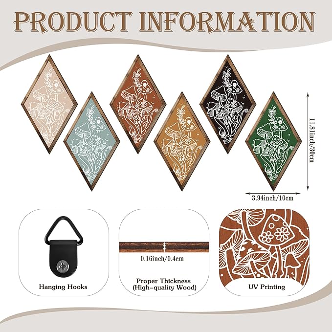 Nuenen 6 Pcs Farmhouse Home Wall Decor Western Geometric Diamond Frame Wall Hanging Boho Modern Abstract Art Prints Wooden Diamond Sign Decorations for Bedroom Living Room Bathroom(Mushroom)