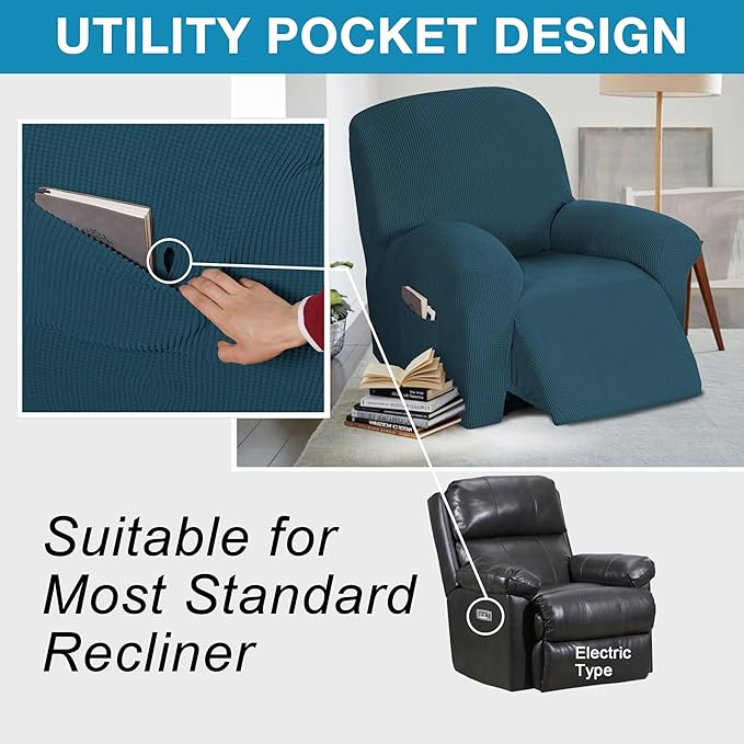 Flamingo P Stretch Recliner Chair Cover Recliner Cover for Electric/Manual Style Furniture Cover for Reclining with Side Pocket, Soft Checked Jacquard Fabric Form Fitted Standard/Oversized - Deep Teal