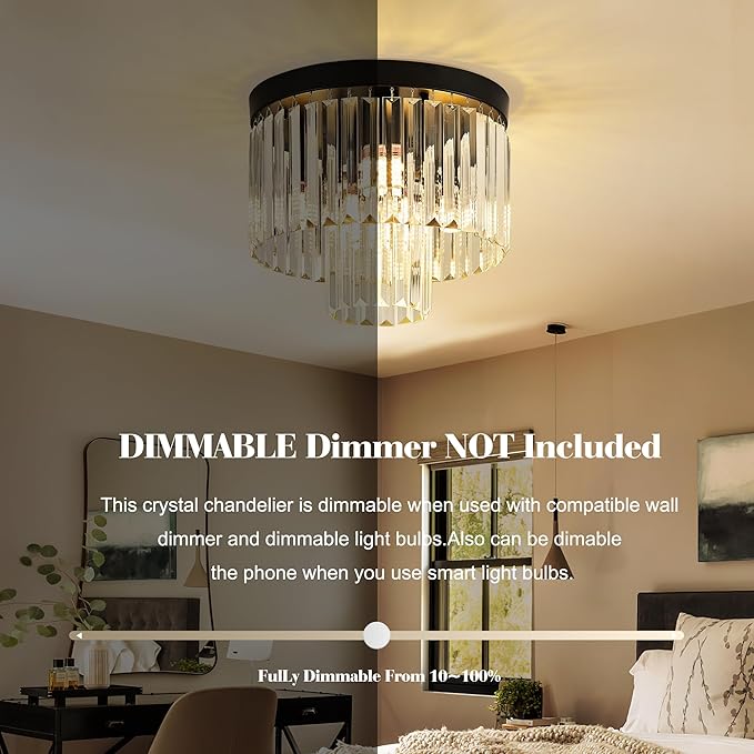 12.6" Black Crystal Ceiling Light 4-Light Modern Fixture 2-Tier Luxury K9 Crystal, for Dining Room Kitchen Island Living Room Bedroom