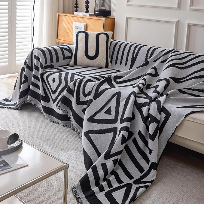 DREAMINGO Boho Couch Cover Washable Chenille Sofa Cover Blanket Light Grey Black Furniture Protector for Sectional 2 Cushion Couch Reversible Geometric Loveseat Slipcover, Large 71"x118"