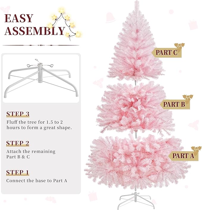 Yaheetech 7.5ft Pre-lit Artificial Hinged Christmas Tree Prelighted Full Holiday Xmas Tree for Home Party Decoration with 550 Warm White Lights & 1354 Branch Tips, Foldable Metal Stand, Pink