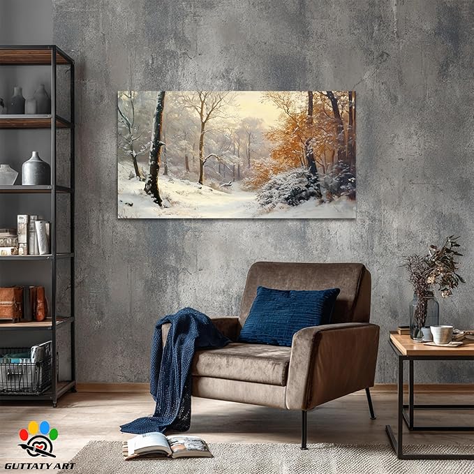 GUTTATY Christmas Winter Scene Canvas Wall Art, Snowy Forest Wall Painting, Warm Light Tree Poster, Winter Canvas Prints for Living Room, Holiday Wall Decor, Hanging Pictures for Bedroom, 32x16 Inch