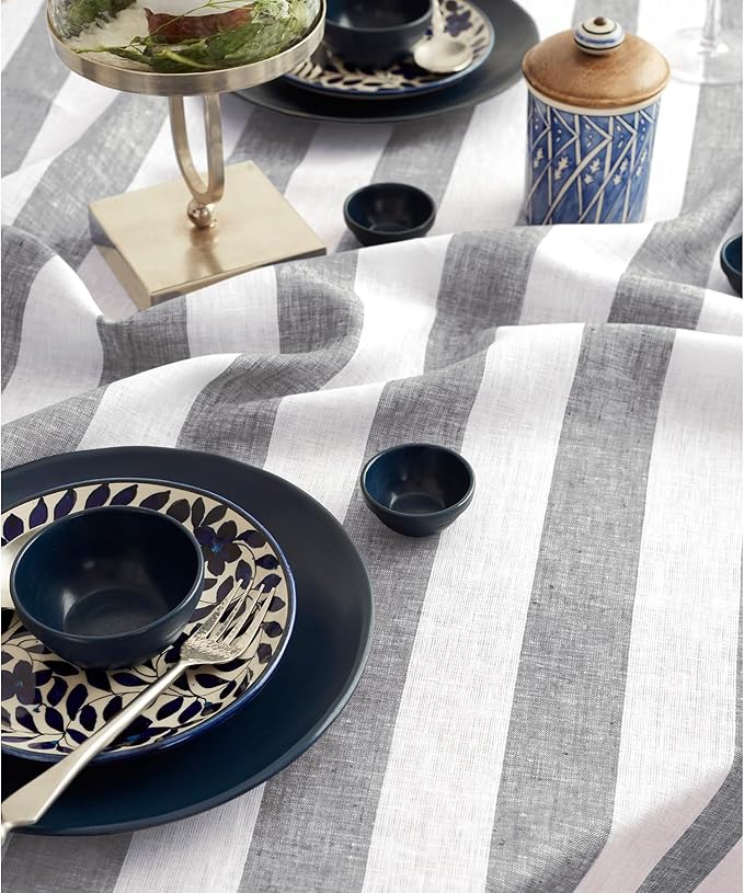 Solino Home Linen Tablecloth 60 x 120 Inch - Cabana Stripe 100% Pure Linen Grey and White Table Cloth for Rectangle Tables - Machine Washable Tablecloth for Fall, Autumn, Thanksgiving, Christmas