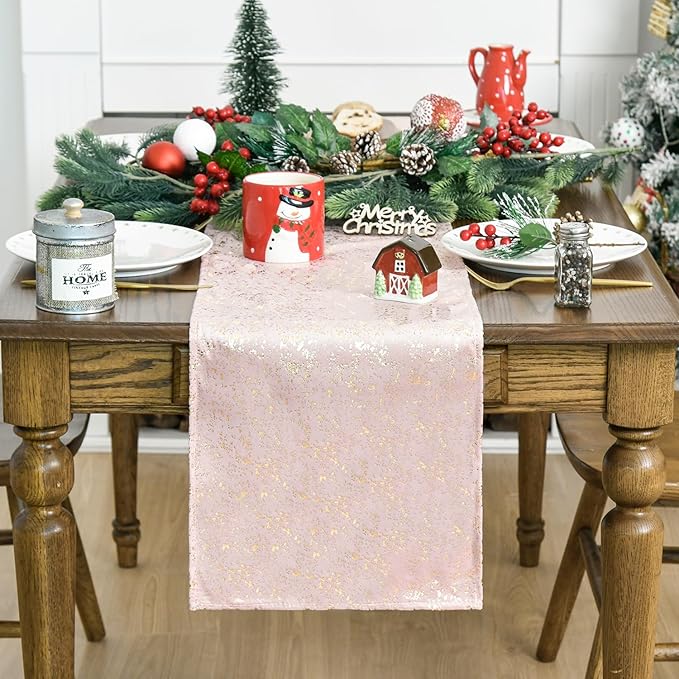 Artoid Mode Pink Dutch Fleece Table Runner, Glitter Metallic Foil Holiday Kitchen Dining Table Decoration for Home Party Decor 13x72 Inch