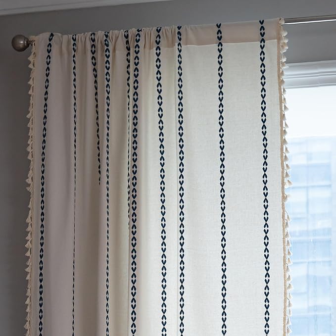 Sutuo Home Boho Curtains 72 inches for Bedroom Living Room, Semi Blackout Farmhouse Vintage Tassels Window Treatment Bohemian Embroidery Drape, Rod Pocket 1 Panel 52" W x 72" L, White and Navy Blue