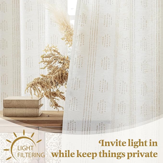 Boho Linen Curtains for Bedroom Living Room Taupe Farmhouse Boho Curtains 72 Inches Long Geometric Striped Patterned Mudcloth Grommet Top Light Filtering Window Drapes 2 Panels Taupe on Beige
