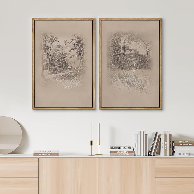 SIGNWIN Framed Canvas Print Wall Art Set Countryside Home and Trees Sepia Landscape Drawings Illustrations Modern Art Scenic Colorful for Living Room, Bedroom, Office - 16"x24"x2 Natural