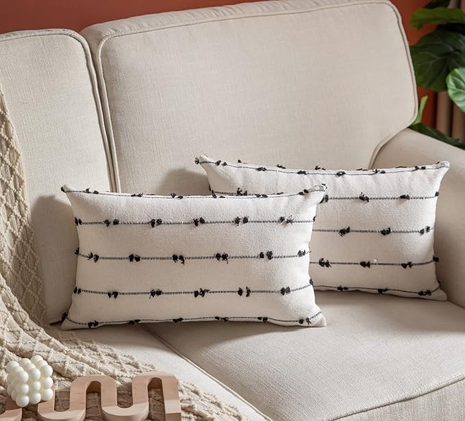 Caflife Boho Throw Pillow Covers 12x20 inches Beige and Black, Set of 2 Modern Farmhouse Decorative Pillow Covers for Couch Bed, Living Room