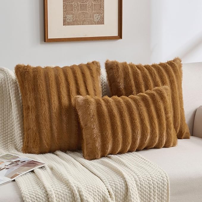 FUTEI Camel Decorative Throw Pillow Covers 18x18 Inch Set of 2,Soft Fluffy Faux Rabbit Fur Dyeing Striped Textured Cushion Case,Modern Home Decor for Couch Bed Living Room