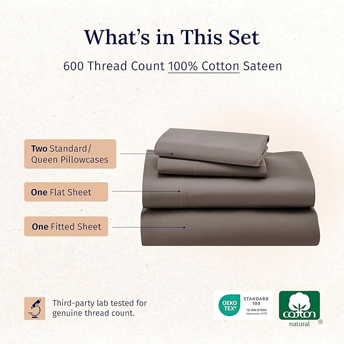 California Design Den 100% Cotton Full Size Bed Sheets, 600 Thread Count Sateen, Soft, Cooling Brown Full Size Sheet Set with Deep Pockets, Hotel-Quality Bedding (Mushroom - Taupe Brown)