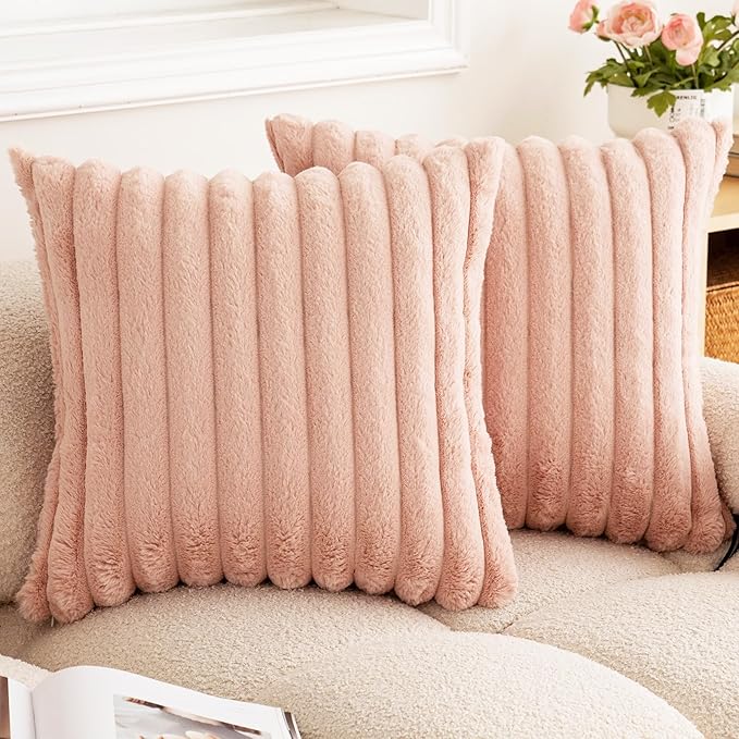 Double-Sided Faux Fur Plush Throw Pillow Covers 22x22 Set of 2 Fuzzy Striped Soft Cozy Pillowcase Luxury Decorative Pillows Square Fluffy Cushion Covers for Couch Sofa Bed,Pink