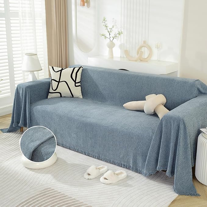 DREAMINGO Modern Minimalism Grayish Blue Couch Cover Sectional Sofa Covers for 3 Cushion Couch Washable Chenille Pet Couch Protector for Dogs Boho Herringbone Sofa Furniture Slipcover, 71"x150"