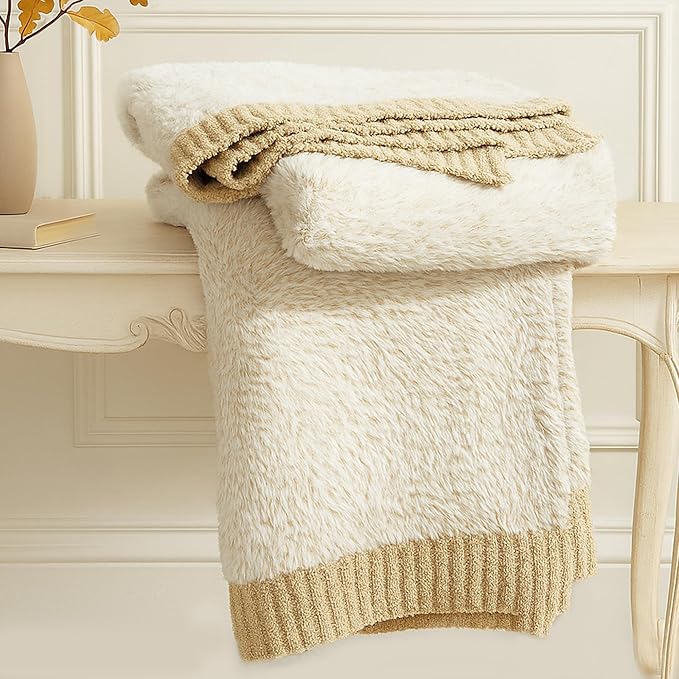 Amélie Home Knit Throw Blanket for Couch, Super Soft Cozy Fuzzy Throws for Sofa Bed Living Room, Luxury Cozy Fluffy Throw for Room Decor, 60" x 80", Heather Beige