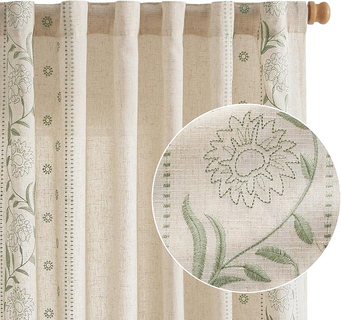 jinchan Winslow Linen Curtains for Bedroom 108 Inches Length Embroidered Bordered Floral Curtains for Living Room Farmhouse Decor Light Filtering Window Treatments Sage on Beige Drapes 2 Panels