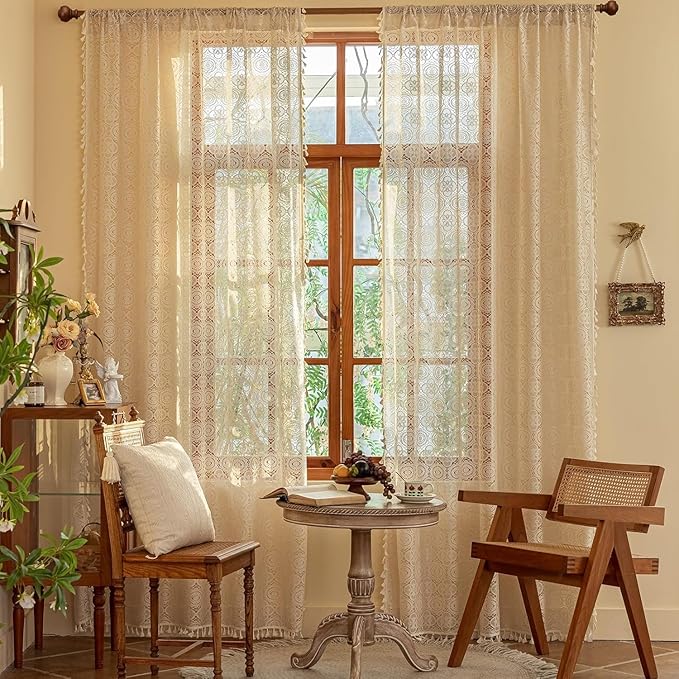 YJ YANJUN Boho Sheer Curtains 90 Inches Long 2 Panels Vintage Crochet Lace Curtains with Tassel for Living Room Bohemian Farmhouse Hollow Drapes for Glass Slide Patio Door Beige W59 x L90