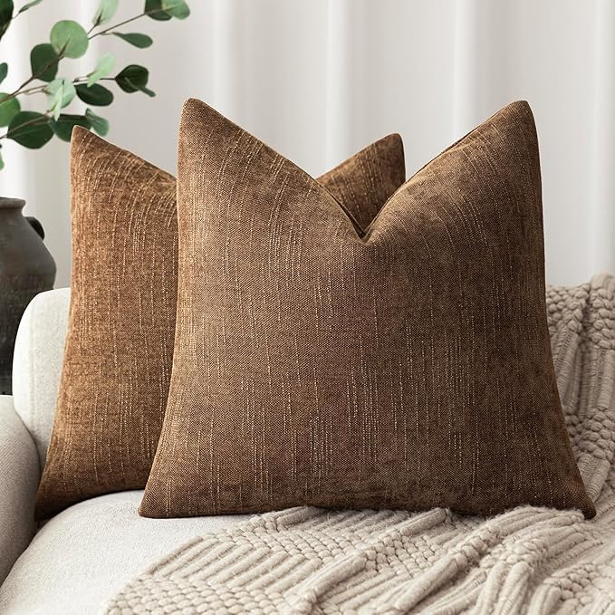 Foindtower Set of 2 Soft Textured Chenille Throw Decorative Pillow Covers Square Accent Solid Cushion Cover Cozy Neutral Farmhouse Pillow Case for Couch Sofa Bedroom Living Room 18x18 Inch,Dark Bronze
