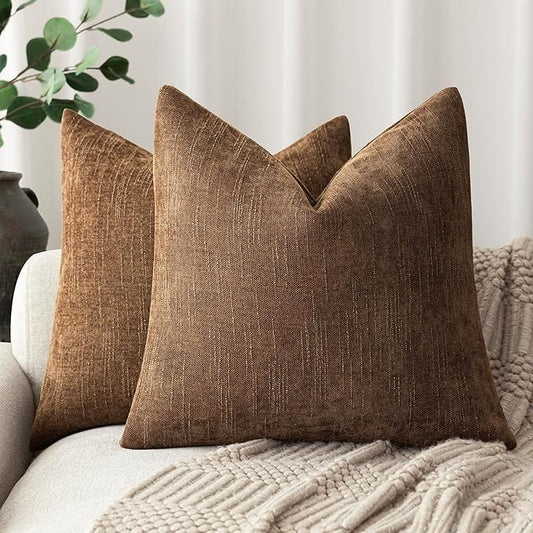 Foindtower Set of 2 Soft Textured Chenille Throw Decorative Pillow Covers Square Accent Solid Cushion Cover Cozy Neutral Farmhouse Pillow Case for Couch Sofa Bedroom Living Room 18x18 Inch,Dark Bronze