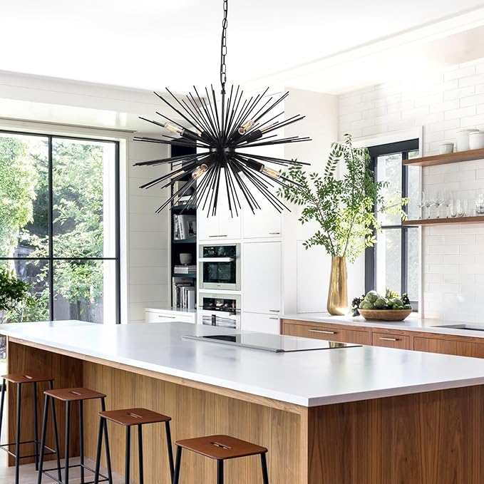 24.21" Black Sputnik Chandelier Vintage Geometric Starburst Chandelier Light Fixture Modern Solid Metal Firework Chandeliers for Dining Room, Kitchen Island, Bedroom, Living Room, E12