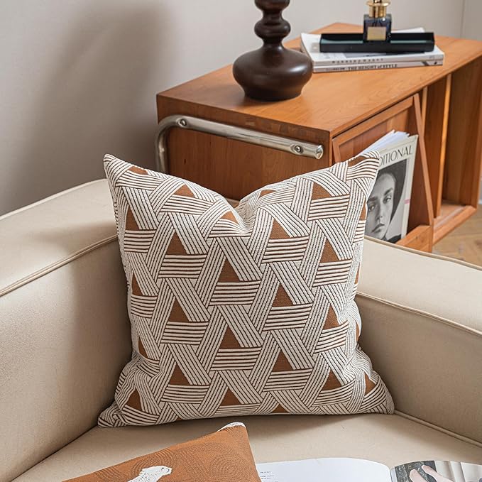 2025 New 22x22'' inches Throw Pillow Cushion Covers - Triangle Pattern Orange Color Chenille Jacquard Embroidery Luxury Modern Style Couch Sofa Bed Pillow Cover for Living Room Bedroom
