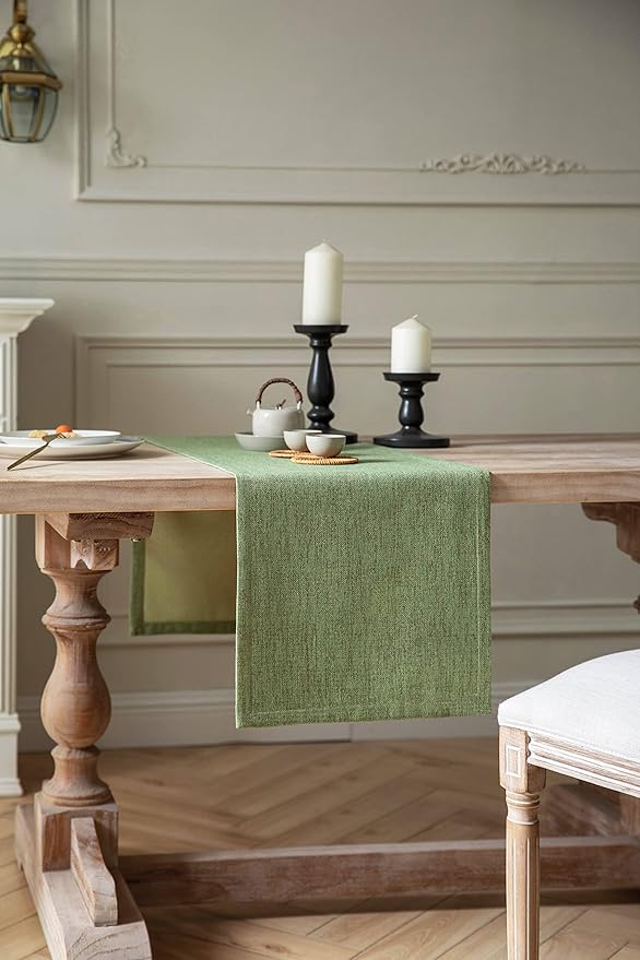 ZeeMart Burlap Style Farmhouse Table Runners 72 Inches Long, Green Rustic Woven Dining Table Runner for Everyday Use, 14x72 Inches, Grass Green