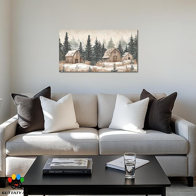 GUTTATY Christmas Winter Scene Canvas Wall Art, Rustic Barn and Forest Wall Paintings, Snowy Holiday Pictures Prints, Cozy Seasonal Canvas Artwork Poster for Living Room Bedroom, 16x8 Inch