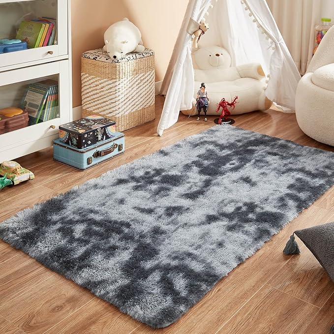 Floralux 3x5 Area Rugs, Tie-Dye Dark Grey, Small Bedside Rug, Fluffy Shag Soft Carpet for Bedroom, Non-Slip Indoor Floor Carpets for Kids Girls and Boys, Preppy Dorms, Nursery