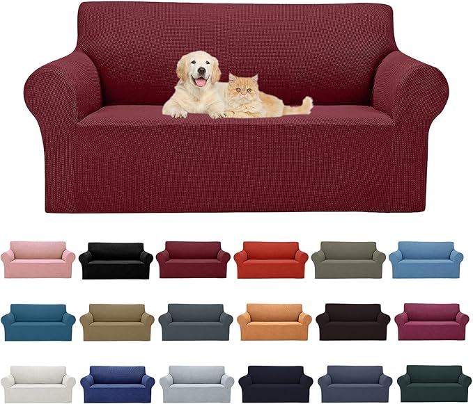 Cupuamon 2025 New Stretch Loveseat Sofa Slipcovers Couch Cover for 2 Cushion Furniture Protector Sofa Covers with Elastic Bottom Jacquard Fabric Small Checks for Pets, Kids - Dark Red