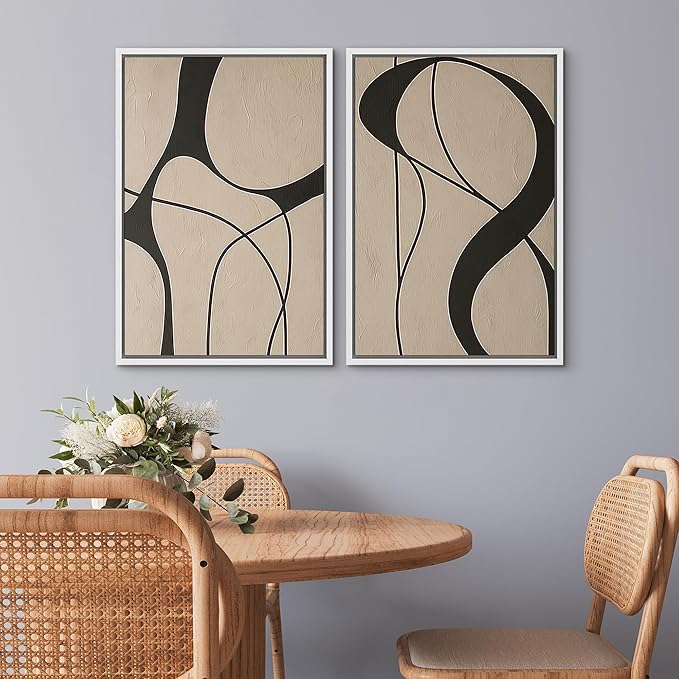 SIGNWIN Framed Canvas Print Wall Art Set Neutral Beige and Black Abstract Line Modern Minimalist Modern Art Minimal Boho Relax/Calm for Living Room, Bedroom, Office - 24"x36"x2 White