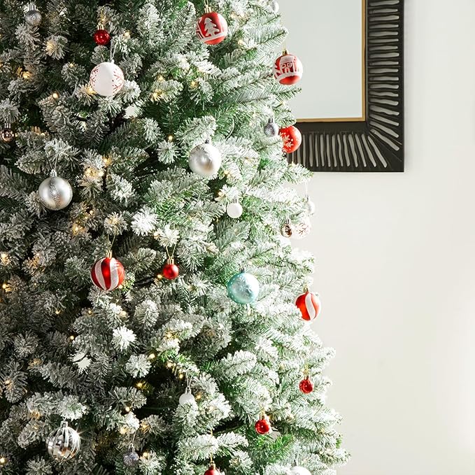 Glitzhome 11ft Prelit Artificial Christmas Tree, Snowy Splendor Fir Hinged Pencil Christmas Tree Holiday Decoration with 950 Warm White Lights and Foldable Metal Stand, Easy Assembly